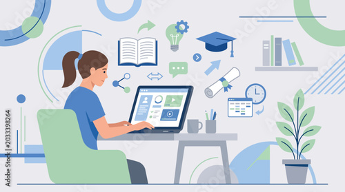 Foto Person studying online at a bright home office with laptop and educational icons