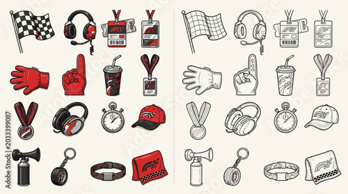 Photos Collection of racing fan accessories and symbols in color and black and white