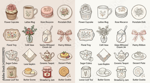 Obraz na plátne Collection of Vintage Tea Party Elements, Including Cupcakes, Macarons, Teapots, and Jams