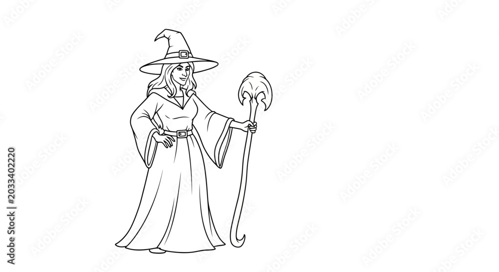 Obraz premium Female wizard holding a magic staff coloring page illustration