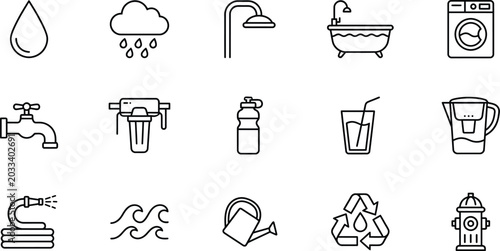 15 Water, Plumbing, and Hydration Line Art Icon Set Vector.