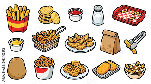 Photography Collection of various potato-based fast food items and ingredients, including fries, chips, wedges, and poutine
