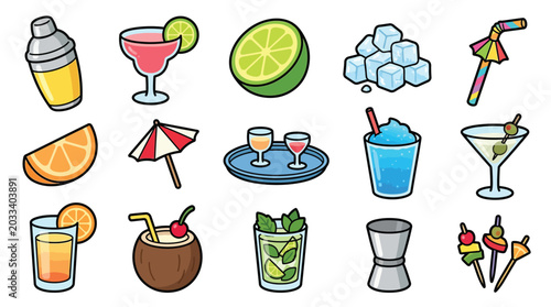 Obraz na plátně Collection of colorful cocktail icons and elements for summer drinks and parties