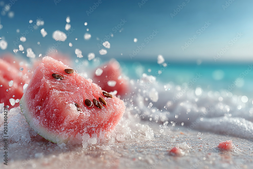 Fototapeta premium Fresh watermelon slices with sea salt splash on sunny tropical beach
