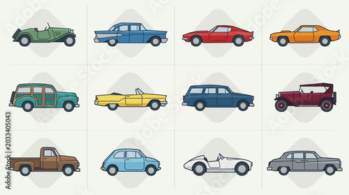 Collection of various vintage classic car illustrations.