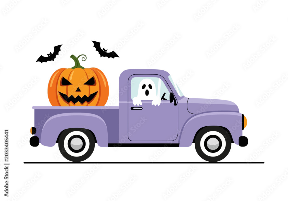 Fototapeta premium A friendly ghost drives a purple truck carrying a spooky jack-o-lantern with bats flying