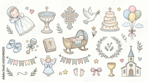Hand Drawn Baptism and Christening Celebration Elements Set.