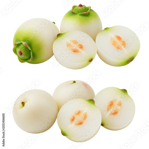 Six ripe white pineberries, whole and halved with juicy white flesh, green calyx, red achenes, on transparent background, high-key macro, fresh organic concept