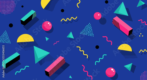 abstract 1980s memphis style background with 3d geometric shapes and patterns