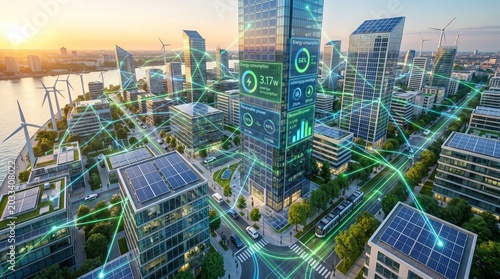 Smart green building in modern city with digital sustainability and renewable energy concept.