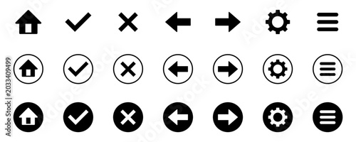 Web App UI or UX Icon Set with Home House Checkmark Check X Cross Right and Left Arrow Gear Hamburger Three Lines Settings Basic Plain and Round Button Sign Symbol Collection. Vector Image.