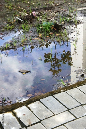 The reflection of cloud cover on the surface of a mud puddle in an outdoor area