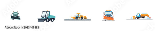 Snow Removal Collection Winter Service Vehicle Flat Design Vector