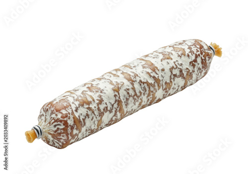 Long, thin, dry-cured italian salami, white mold, striped string loop, diagonally on transparent background, copy space. Concept of culinary excellence