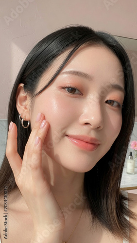 笑顔の美しい自然な雰囲気の女性、日本人女性美人モデルの写真。美容、スキンケア、コスメ広告用。