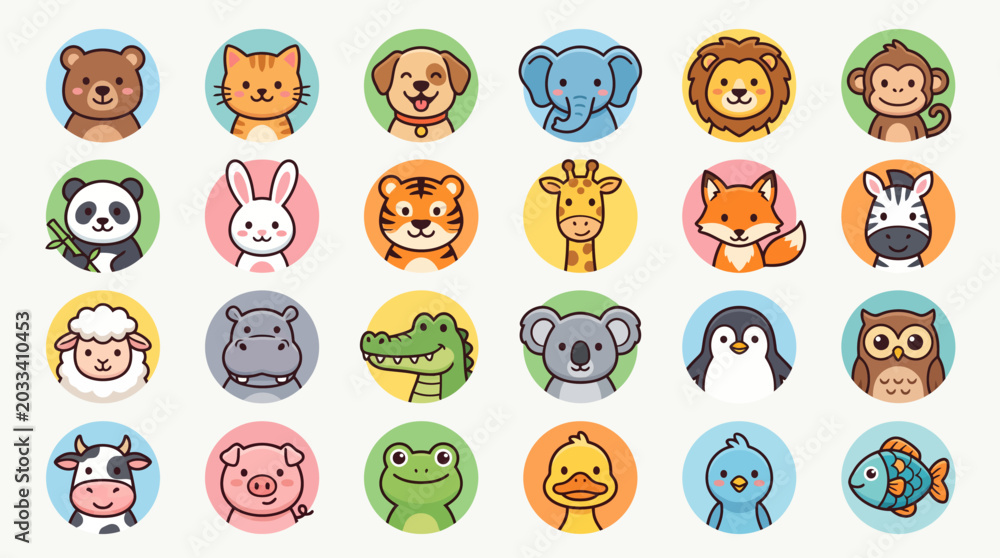 Obraz premium Set of cute animal face circular icons for kids.