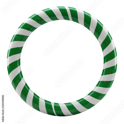 A circular frame, vibrant emerald green and white candy cane stripes, high-gloss, reflective finish, subtle highlights, on a pristine transparent background with copy space. Concept for holiday design