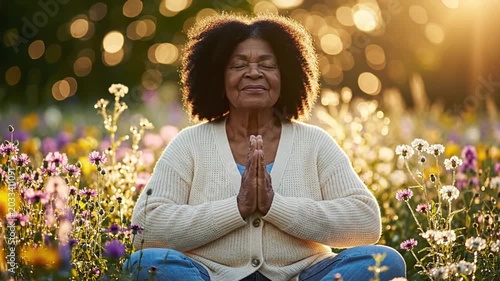 Senior woman meditating outdoors.