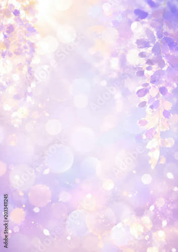 Dreamy Purple Wisteria Bokeh Background with Soft Pastel Light and Fantasy Atmosphere. Soft Lavender Floral Bokeh Background. Fantasy Spring Floral Glow Background. Romantic Pastel Light Bokeh