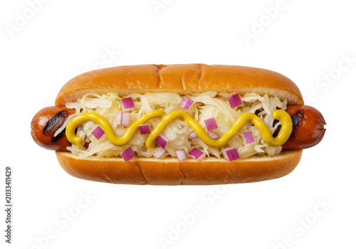 A gourmet hot dog with a golden brioche bun, juicy frankfurter, sauerkraut, diced red onions, and yellow mustard, on a transparent background with copy space, brightly lit studio. Concept for