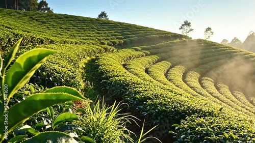 Rolling tea plantation terraces with glossy green bushes, curved hillside rows, morning sun flare and distant trees creating a premium farmland background for agriculture and rural landscape