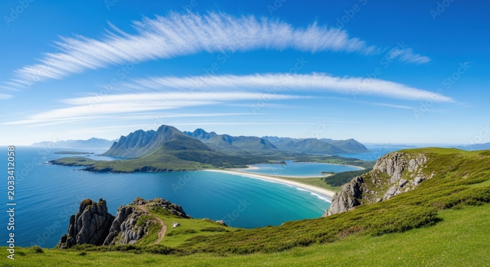 Obraz premium Majestic Coastal Landscape with Turquoise Waters and Mountain Range Under a Blue Sky