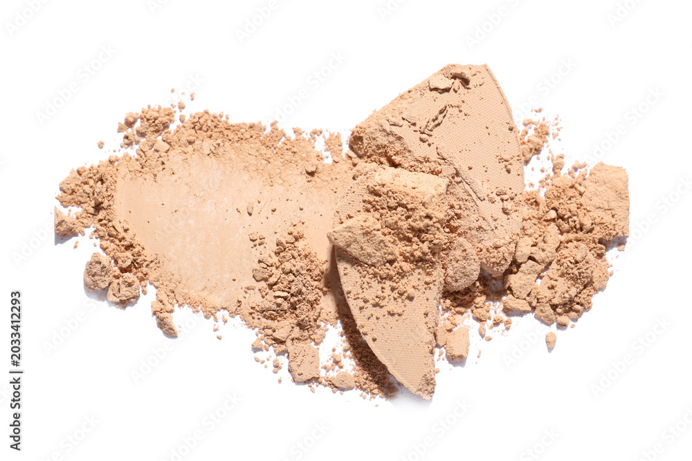 Obraz premium Crushed face powder isolated on white, top view. Sample of makeup product