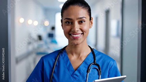 Smiling nurse in hospital hallway.