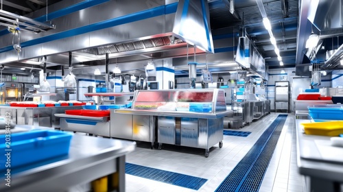 Modern commercial kitchen interior with stainless steel appliances and ventilation