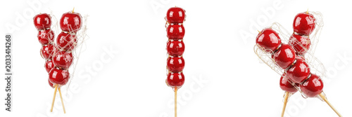 Candied hawthorn tanghulu skewer specimen displaying structural culinary parameters, organic material chemical components, processing features within standard food science reference archive data.