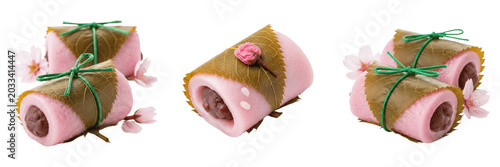 Sakura mochi cherry leaf wrap pastry specimen displaying structural culinary parameters, organic material chemical components, processing features within standard food science reference archive.