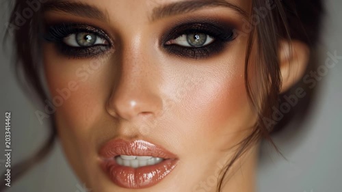 Model shows makeup transformation with dramatic eyes and glossy lips in close-up shots