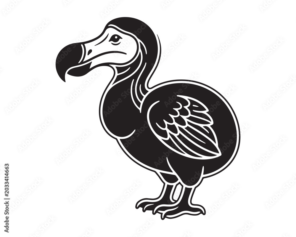 Fototapeta premium Vintage dodo bird vector illustration, black and white extinct animal mascot, stylized flightless bird icon for branding and educational design