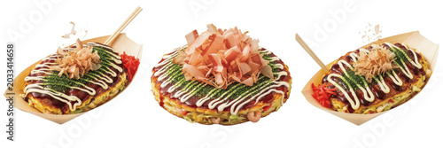 Foto Okonomiyaki cabbage batter pancake specimen displaying structural culinary parameters, organic material chemical components, processing features within standard food science reference archive logs