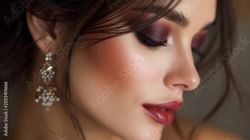 Woman shows makeup steps with focus on eye and lip techniques in a soft lighting setting