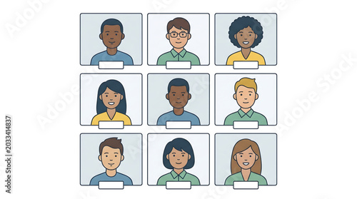 Video conference call with diverse people in a 3x3 grid layout