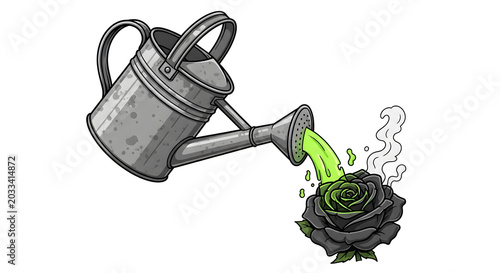 Watering Can Pours Green Liquid Onto Black Rose