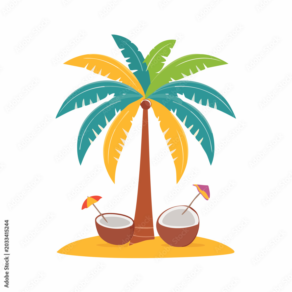 Obraz premium Tropical Palm Tree with Coconut Drinks on Sandy Island