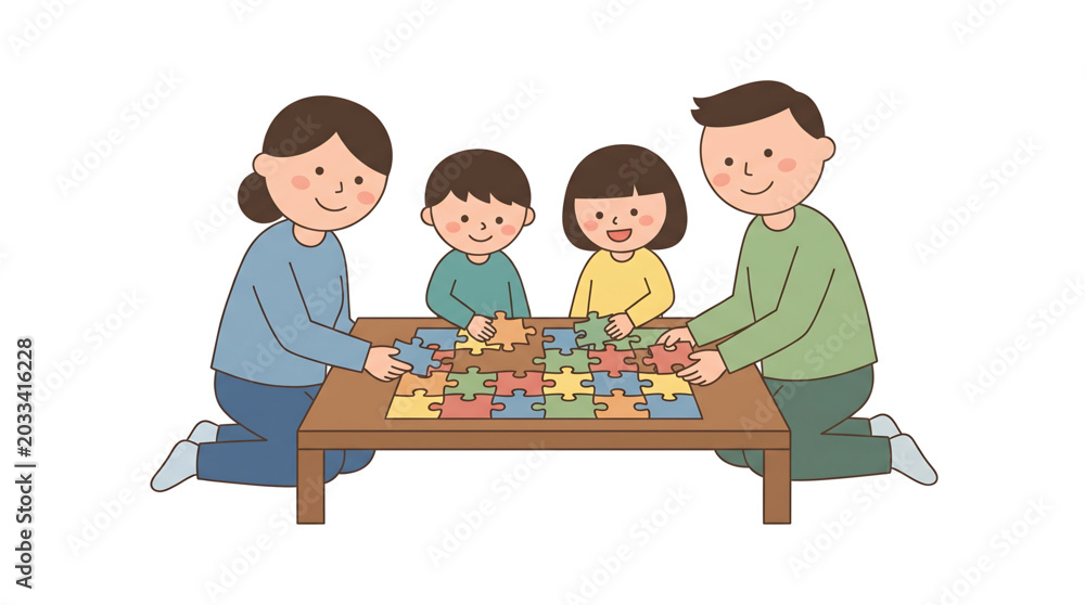 Fototapeta premium Family doing a jigsaw puzzle together on a table, vector illustration