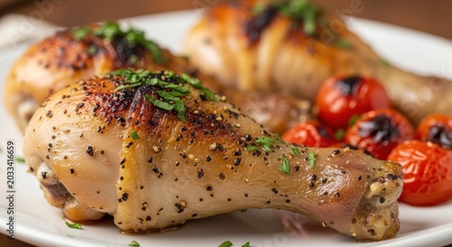 Perfectly Roasted Chicken Drumsticks Seasoned with Herbs and Pepper on a White Plate