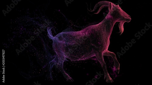 Vibrant goat runs through cosmic particles. Dark backdrop enhances glowing hues. Particles swirl around powerful animal. Digital art style adds futuristic flair. Dynamic motion suggests speed