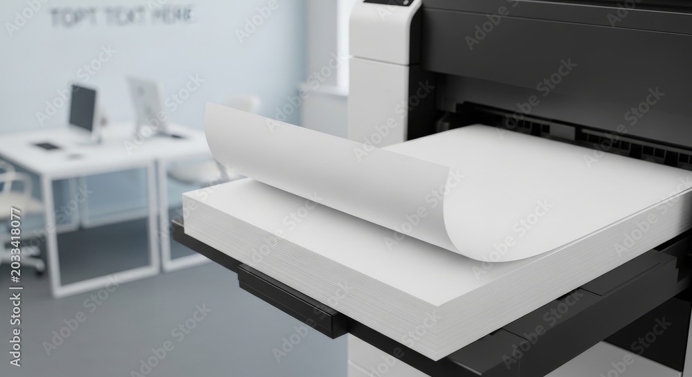 Fototapeta premium Stack of blank paper exiting office printer in modern workspace. concept of printing technology, office productivity, document preparation