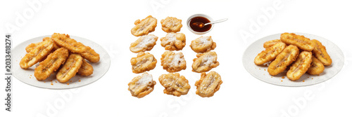 Foto Banana fritters musa fruit batter specimen displaying structural culinary parameters, organic material chemical components, processing features within standard food science reference archive data