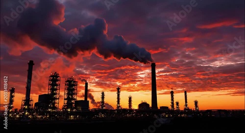 Industrial plant emitting smoke at sunset