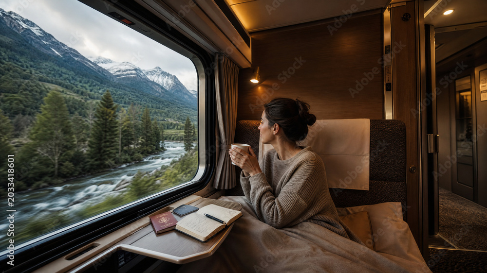 Fototapeta premium Woman enjoys scenic train journey through majestic mountains and lush green valleys