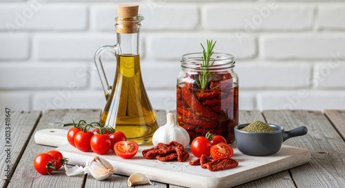 Sun-dried Tomatoes, Olive Oil, and Fresh Garlic Ingredients for Culinary Preparation