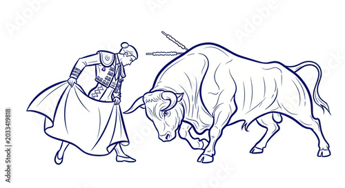 Schilderij op canvas Matador and Bull Fight Illustration - Spanish Tradition