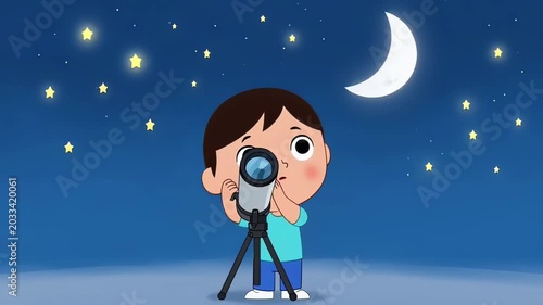 Cartoon Boy Stargazing with Telescope at Night Sky Illustration
