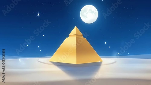 Minimalist Golden Pyramid in Night Desert with Full Moon