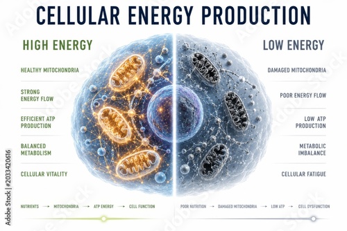 Cellular energy production comparison showing healthy and damaged mitochondria. Medical infographics of ATP metabolism, cellular vitality versus